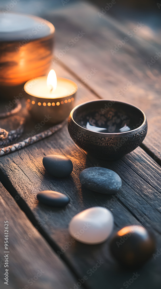 Aufkleber a collection of mindfulness objects arranged on a wooden surface with a lit candle casting soft ligh