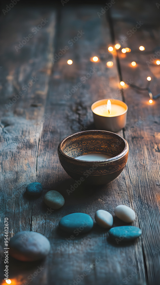 Aufkleber a collection of mindfulness objects arranged on a rustic wooden surface with a lit candle and stones