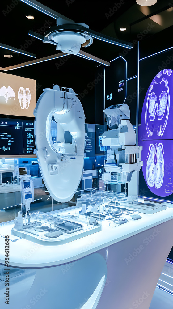Poster a conceptual display of cutting-edge medical devices and technology in a futuristic healthcare setti