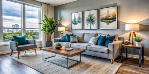 Fototapeta premium The modern apartment living room features a plush couch with decorative pillows, a low-to-the-ground coffee table, and