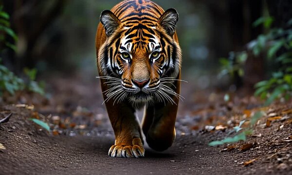 A close-up of a tiger walking through a forested path, showcasing its striking features.