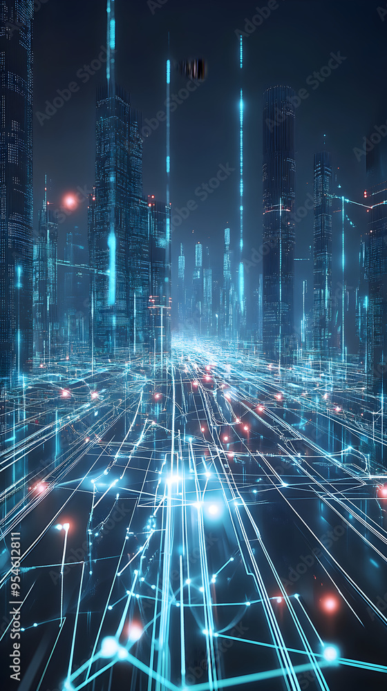 Poster a futuristic cityscape features towering skyscrapers interlinked by glowing digital networks, creati