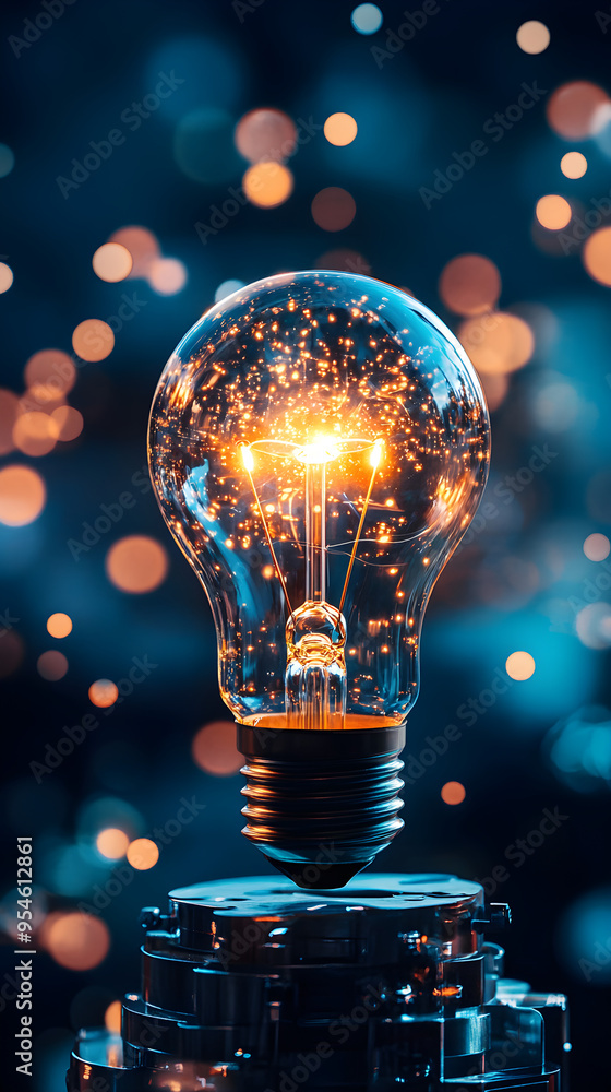 Poster a glowing lightbulb emerges from a stack with twinkling particles in the background creating a magic