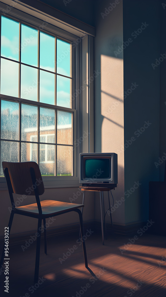 Poster a quiet room with a single chair facing a large window illuminates the space, creating a serene atmo