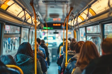 A crowded bus with people sitting in the middle of the bus