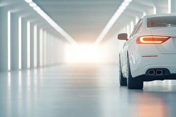 A white car is parked in a long, empty tunnel