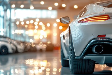 A white car is parked in a showroom with a bright light shining on it