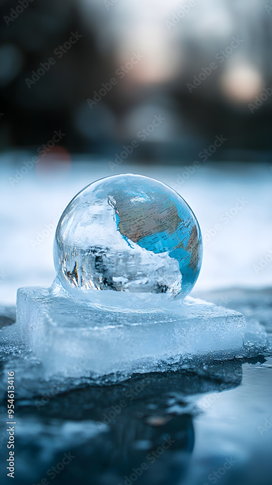 Poster a small globe encased in a block of ice sits on a reflective surface with a blurred background, symb