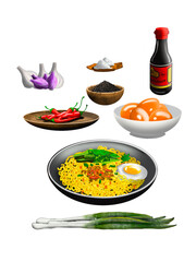 Fried noodle display with ingredient