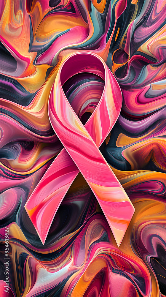 Poster an abstract image of a pink ribbon intertwined in vibrant swirling colors creating a dynamic and eye