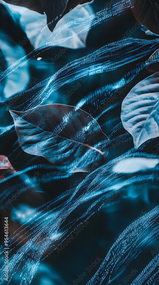 Poster an abstract image of digital data streams blends with leaves, showcasing the fusion of nature and te
