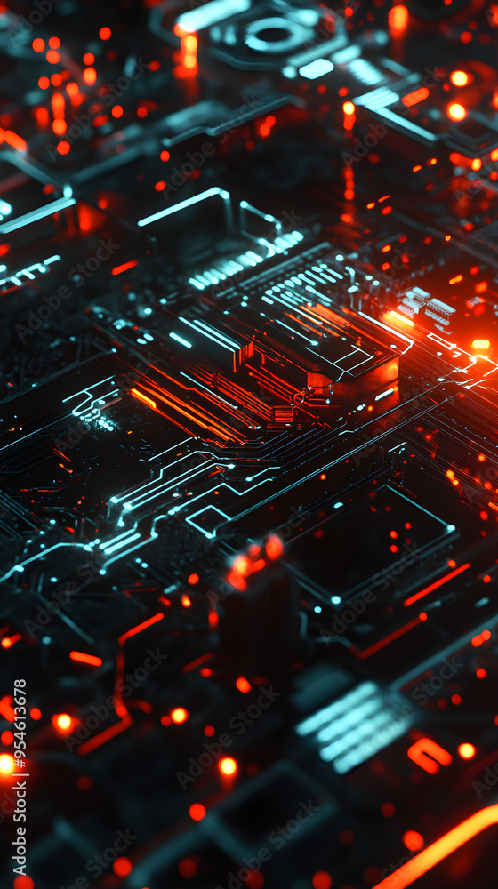 Poster an abstract tech landscape features glowing circuits with vibrant colors and intricate details creat