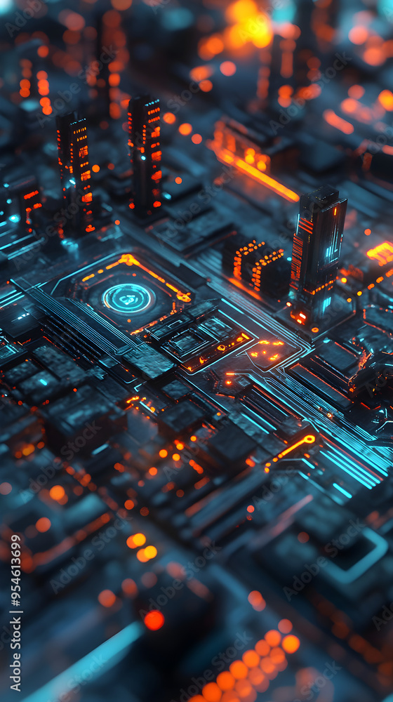 Poster an abstract tech landscape with glowing circuits showcases a futuristic cityscape illuminated by vib