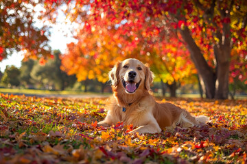 A golden retriever relaxes on colorful autumn leaves, surrounded by vibrant trees in a serene park setting.