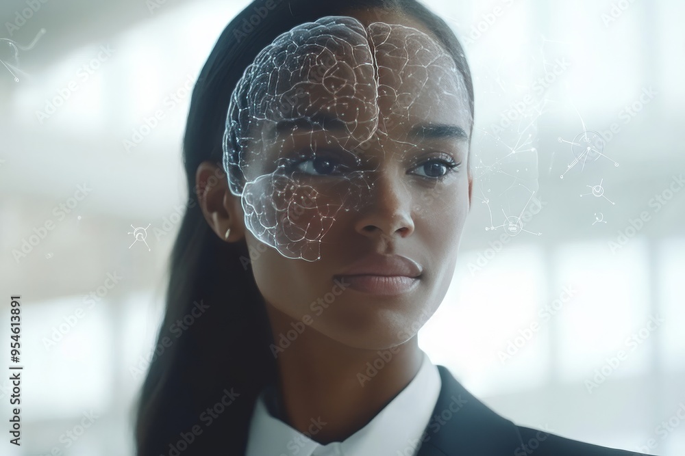 Poster tech empathy circuits futuristic portrait of a woman with a digital brain overlay representing the m