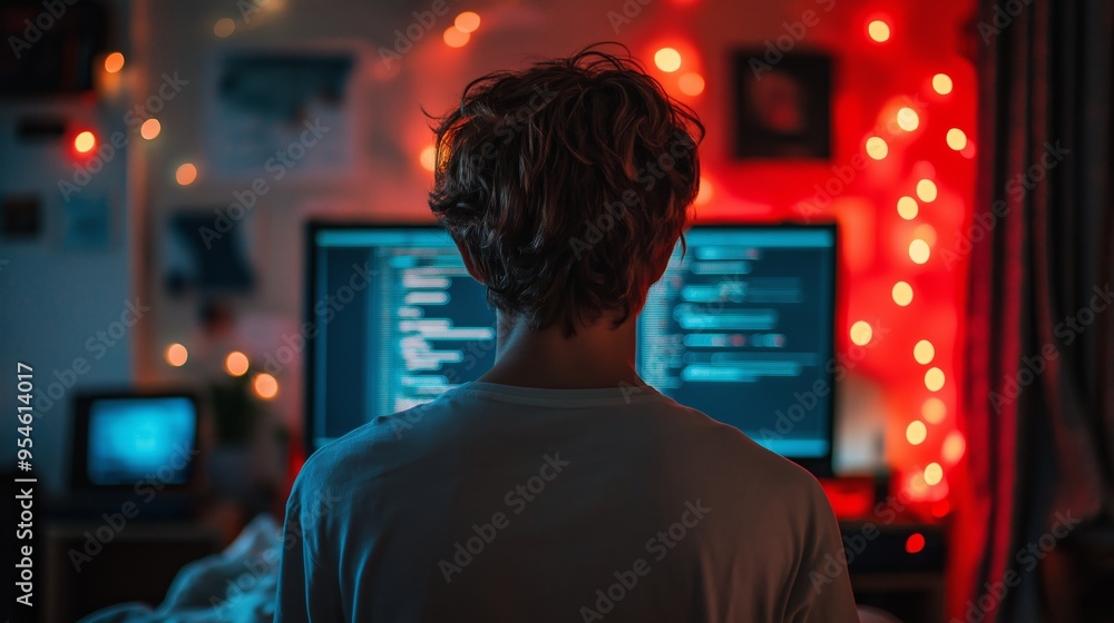 Poster a man is sitting in front of two computer monitors, one of which is displaying a black screen. the r