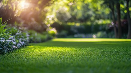 Naklejka premium A beautifully manicured lawn with vivid green grass, shot with a shallow depth of field to blur the distant garden.