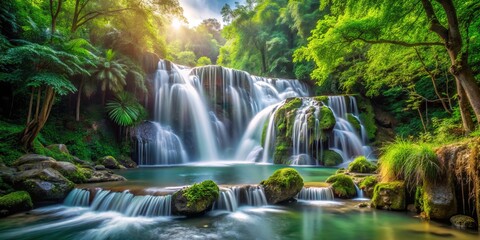 The waterfall's gentle cascade wraps around lush greenery, where filtered sunlight dances through leaves, creating a