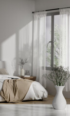 Sunlit Bedroom with Bed and Vase - Tranquil Interior Design 3D rendering