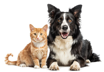 Happy dog and cat sitting together isolated on White background AI Image