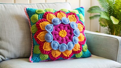 This crocheted flower pillow is a cozy addition to any space, bursting with colorful energy and decorative flair.