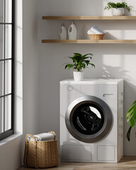 Sunlit Laundry Room with Washer and Shelves - Efficient Design 3D rendering
