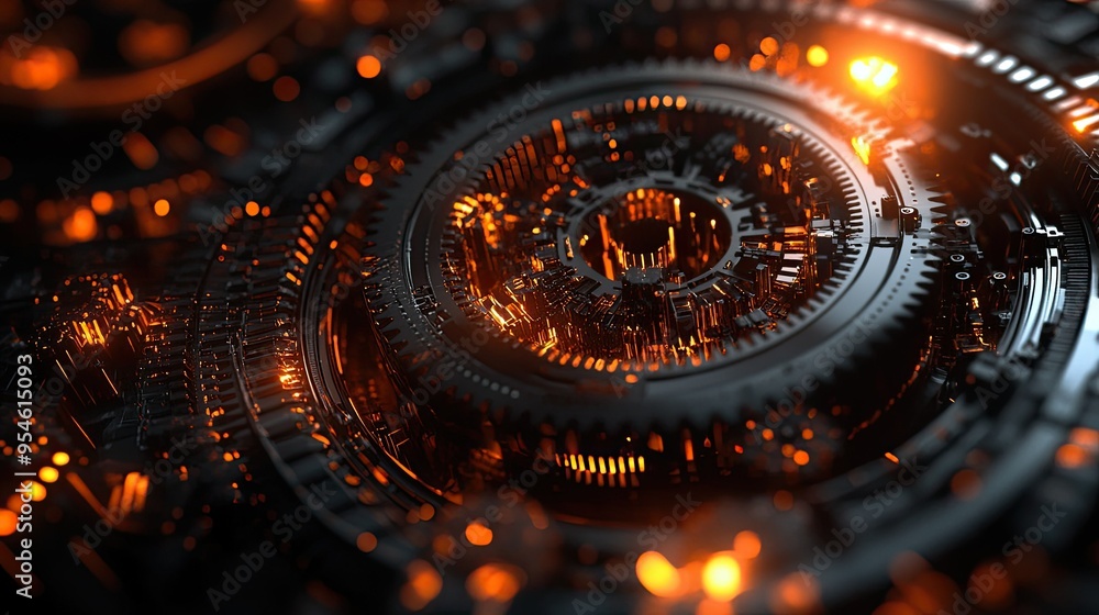 Poster a close-up of an abstract 3d gear, with complex shapes and details, illuminated subtly on a dark bac
