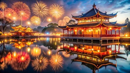 Chinese New Year with Lanterns, Sparks, and Lake Reflections. Perfect for: Chinese New Year, Traditional Celebrations