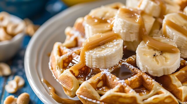 Delectable banana waffles with peanut paste up close
