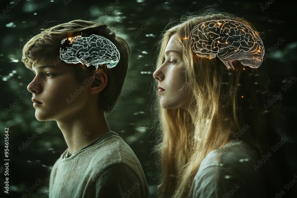 Poster inquisitive mirror neurons side profile of a boy and girl with exposed brain patterns symbolizing th