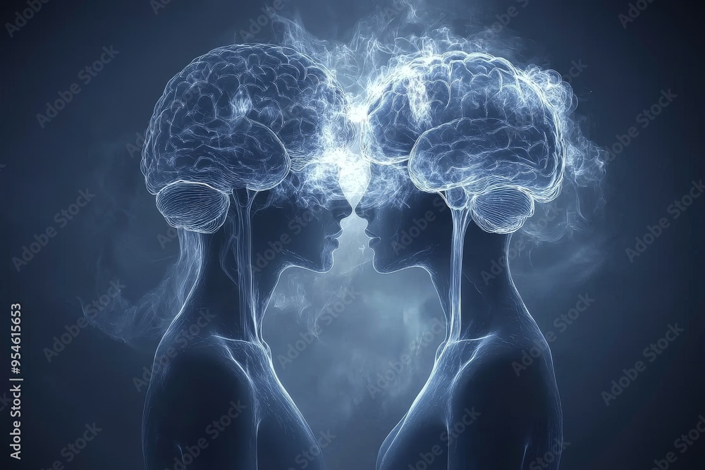 Poster curious mirror neurons digital illustration of two glowing brains facing each other symbolizing the 