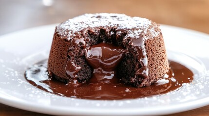 A decadent chocolate lava cake with molten chocolate oozing from the center, served on a white plate.