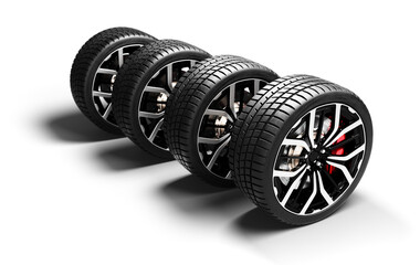 Stack of four performance car wheels on transparent background