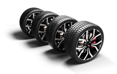 Stack of four performance car wheels on transparent background