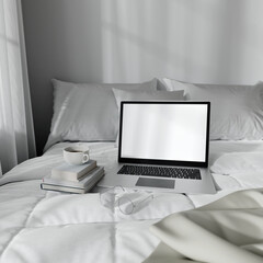 Cozy Bedroom Workspace with Laptop and Coffee - Relaxed Work Environment 3D rendering