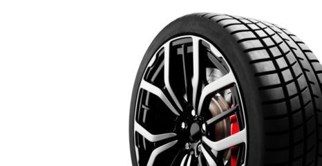 Car wheel with sleek black spokes and red caliper isolated