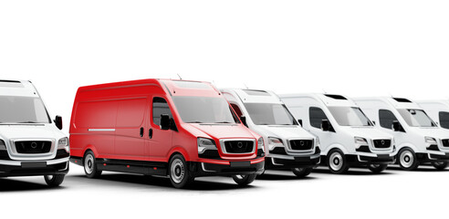 Red delivery van leading row of white vans isolated