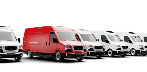 Red delivery van leading row of white vans isolated