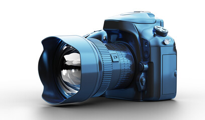 Professional blue DSLR camera with zoom lens