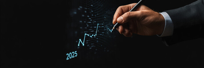 Fototapeta premium Hand of Businessman Sketching an Upward Trend Line Chart with 