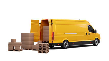 Yellow delivery van with cardboard boxes and open back door © Photocreo Bednarek