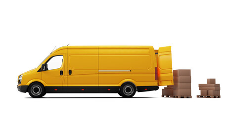 Yellow delivery van with rear doors open and cardboard boxes