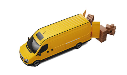 Yellow cargo van loading cardboard boxes on transparent background