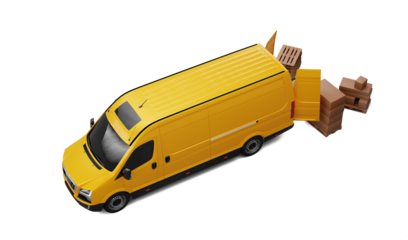 Yellow cargo van loading cardboard boxes on transparent background