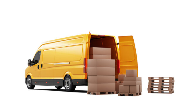 Yellow delivery van with cardboard boxes on pallets at rear