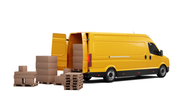 Yellow delivery van with cardboard boxes and open back door
