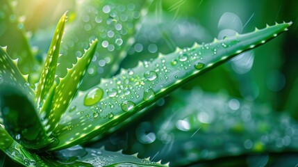 Naklejka premium A close-up of dew-covered aloe vera leaves in a lush, green setting, highlighting the plant’s natural freshness and health benefits.
