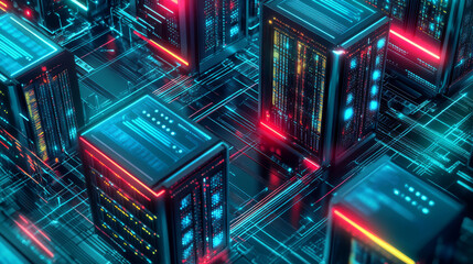 Fototapeta premium An isometric view of network computing technologies in a digital space, where a data center offers high-performance data storage and processing for big data analysis and machine learning.