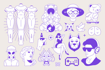 Y2k retro groovy blue ink psychedelic minimal icon set vector flat illustration. Comic character monochrome sketch trendy sticker surreal sculpture cosmonaut dog bear alien pin up woman pixel gamepad