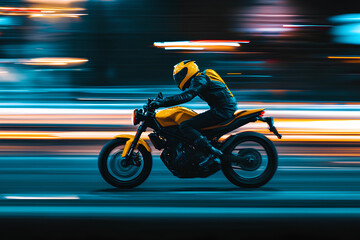 yellow motorbike rider at high speed along a highway, cyberpunk city, A motorcyclist rides a yellow sport bike down a city street, 3d rendering AI generative